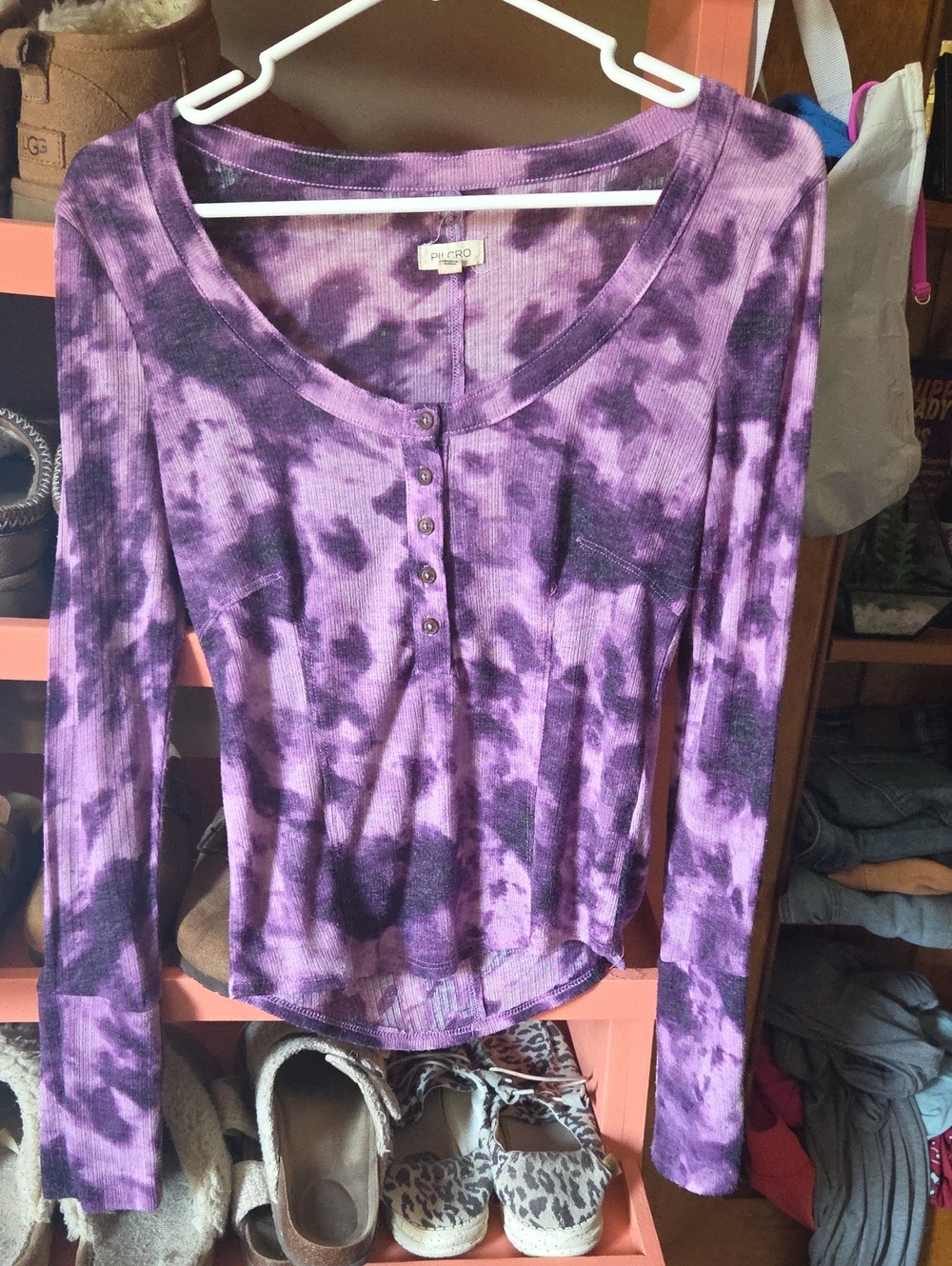 Anthropologie Purple Tie-Dye Henley Long Sleeve Top